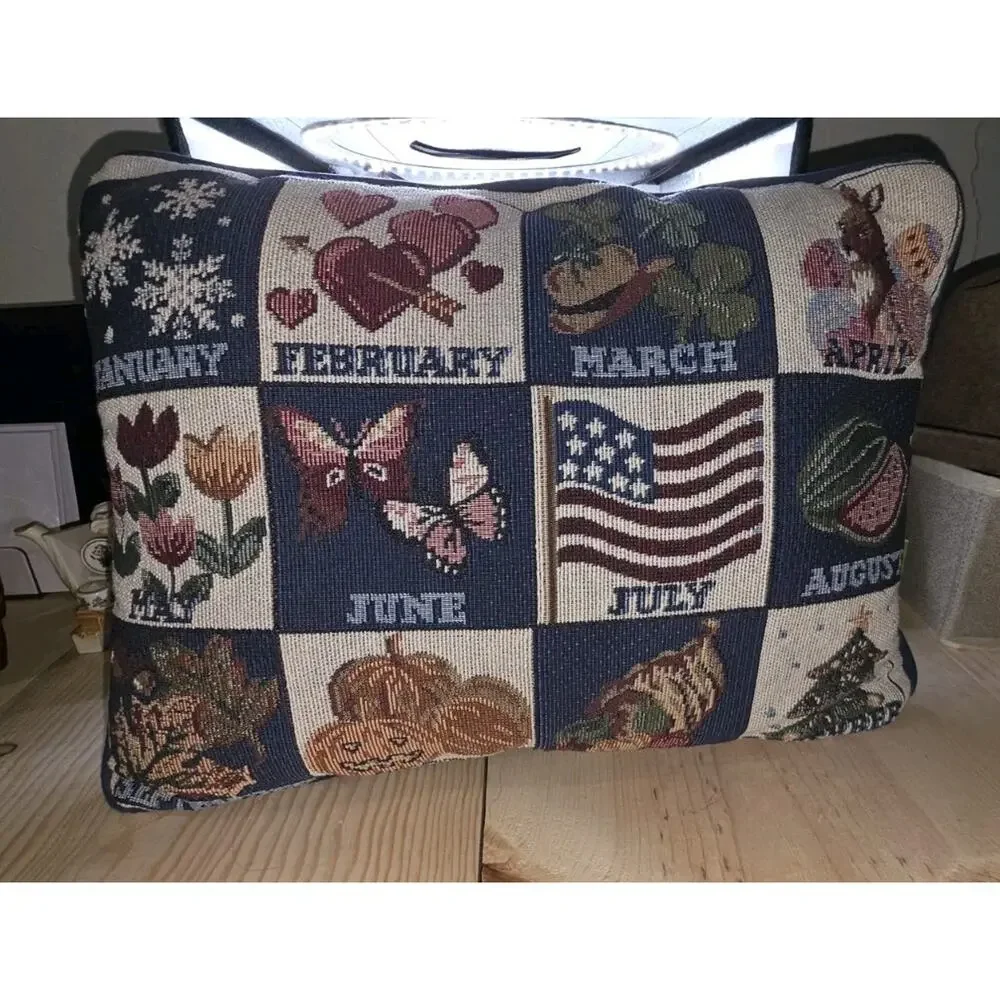 Tapestry Pillow Calendar Twelve Month HOLIDAYS Sampler w/ Words VTG 16x11